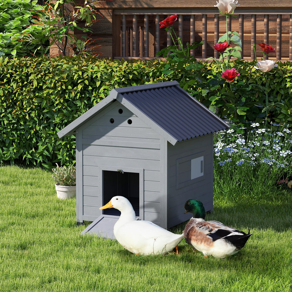 PawHut Duck Coop, Wooden Duck House, Outdoor Small Animal House with Openable Roof, Double Doors, Removable Base for 1-3 Ducks, Light Gray PawHut