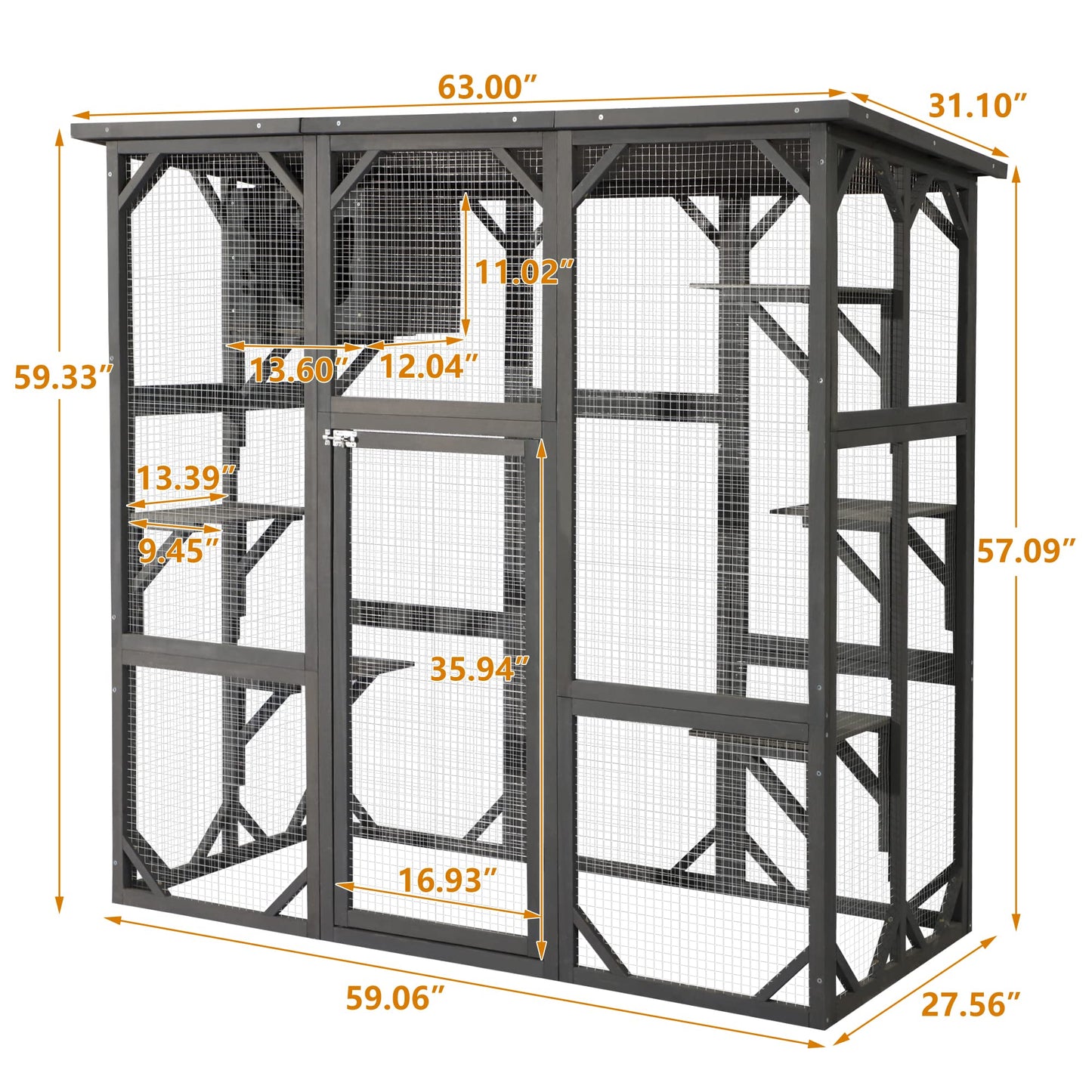 Grepatio Cat Enclosure Large Outdoor Catio Wooden Cat House with Weatherproof, Cat Cage Condo Indoor Playpen with Platform and Small House(Grey)