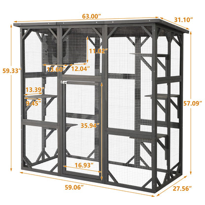 Grepatio Cat Enclosure Large Outdoor Catio Wooden Cat House with Weatherproof, Cat Cage Condo Indoor Playpen with Platform and Small House(Grey)