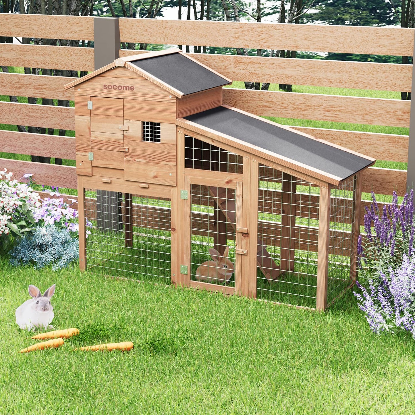 SOCOME 65" Solid Wood Rabbit Cage, Outdoor Rabbit Hutch with Run Area, Ventilation Fencing, Openable Roof, Lockable Doors and Ramp, Waterproof Animal House for Cats, Guinea Pigs, Ducks, Cherry