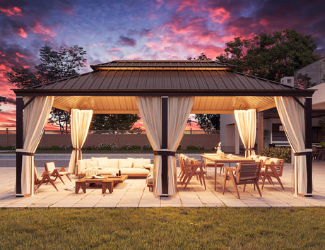 YOLENY 12' x 20' Gazebo, Galvanized Steel Double Roof Hardtop Gazebo with Aluminum Frame, Permanent Outdoor Metal Pavilion with Curtain and Netting for Patio, Lawn and Garden YOLENY