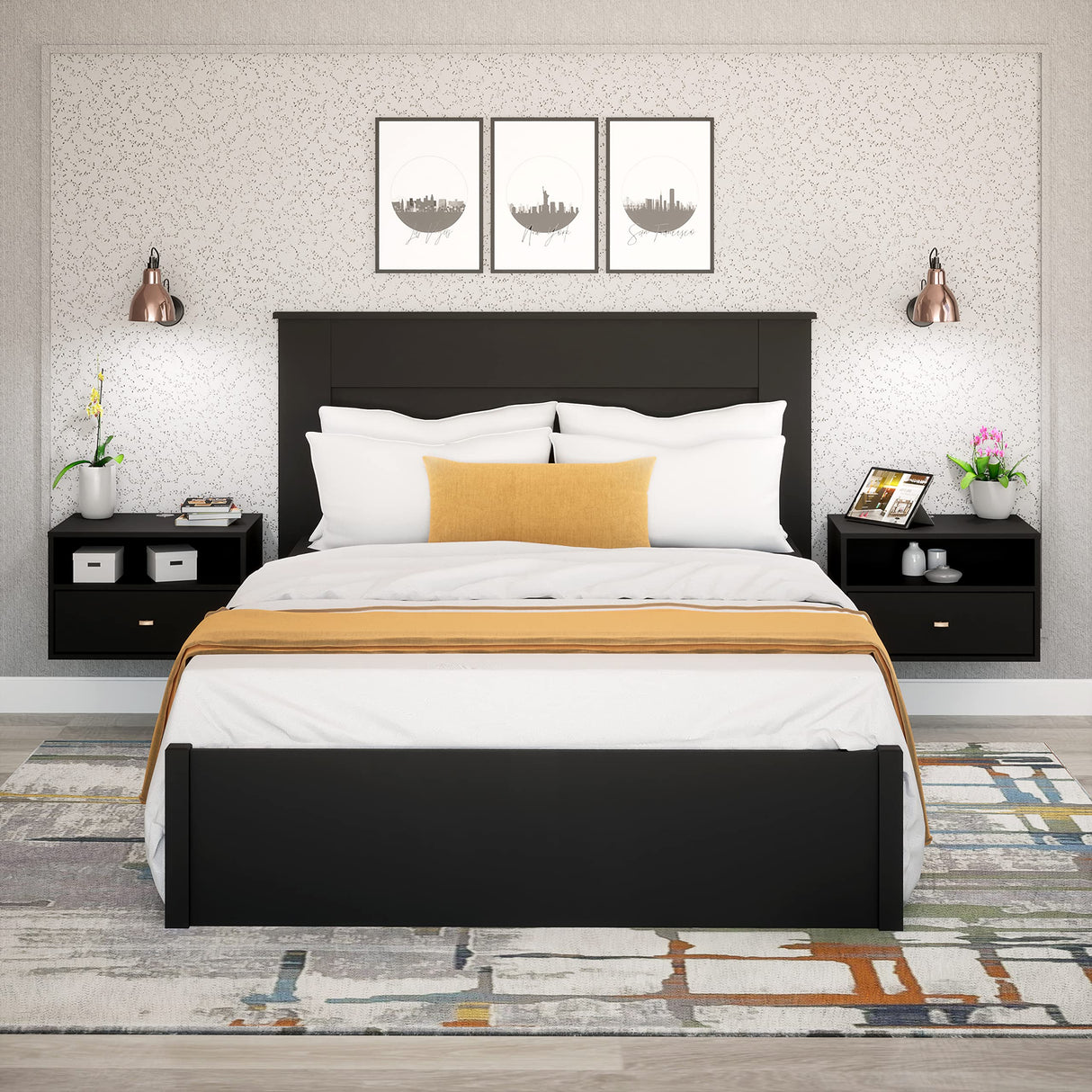 Prepac Floating Shelf Side Table with Drawer and Brushed Brass Knobs, Modern Floating Nightstand 15" D x 22.5" W x 14.5" H, Black, BRBW-1402-2M Prepac