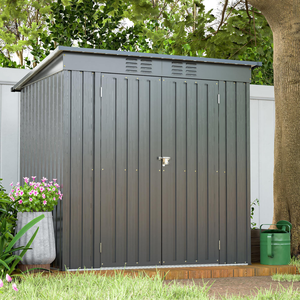 6x4 FT Outdoor Metal Storage Shed with Frame Floor & Sloping Roof, Lockable Double Door, Weatherproof Steel Garden Shed for Tools, Lawn Equipment & Patio Supplies Mulinsonfly