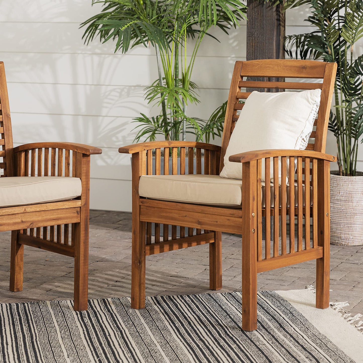 Walker Edison Rendezvous Modern 2 Piece Solid Acacia Wood Slat Back Outdoor Dining Chairs, Set of 2, Brown - WoodArtSupply