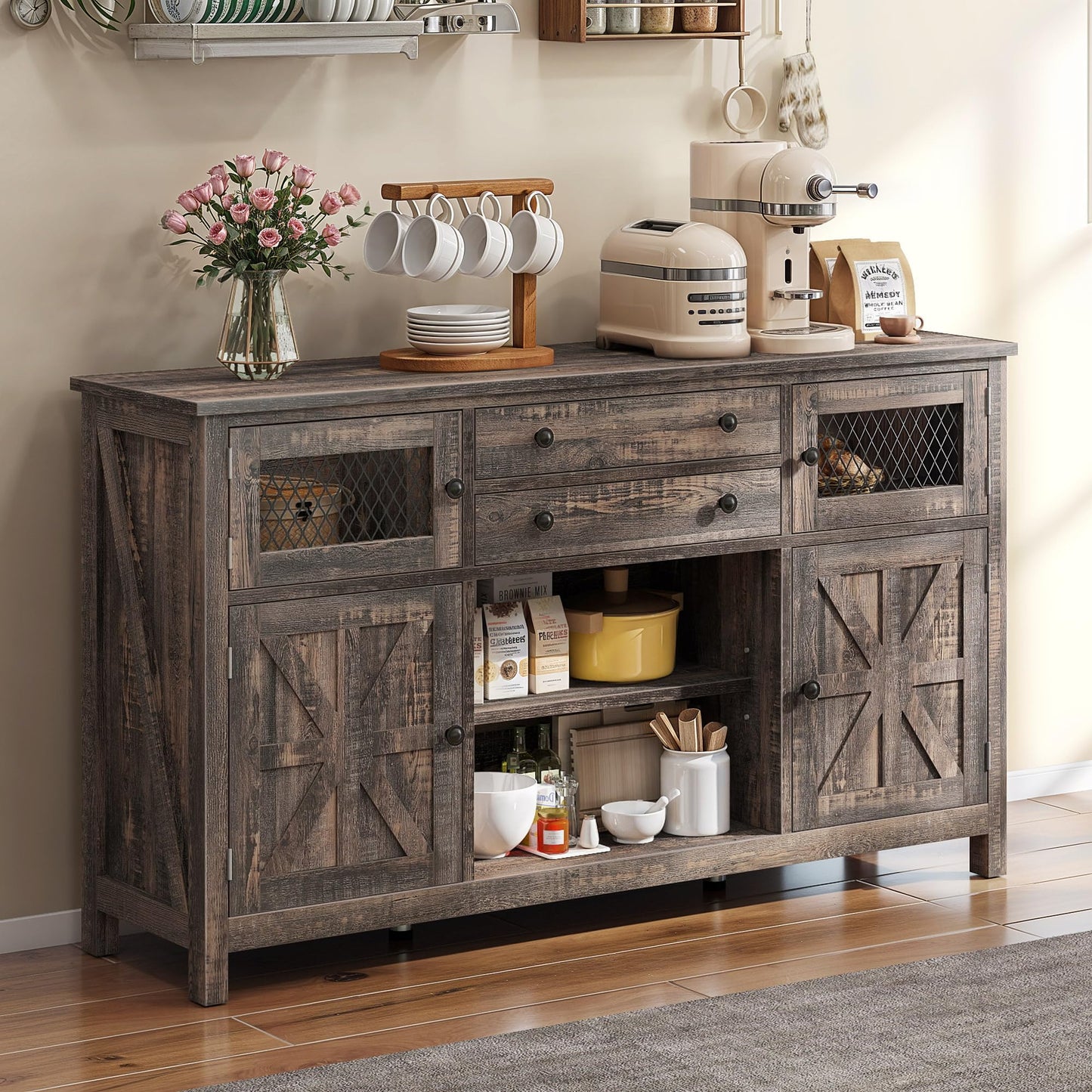 YITAHOME 59" Sideboard, Farmhouse Buffet with Storage, Kitchen Cabinet with 2 Large Drawers & Visual Grid Door, Coffee Bar Cabinet with Barn Door for Living Room, Dark Rustic Oak