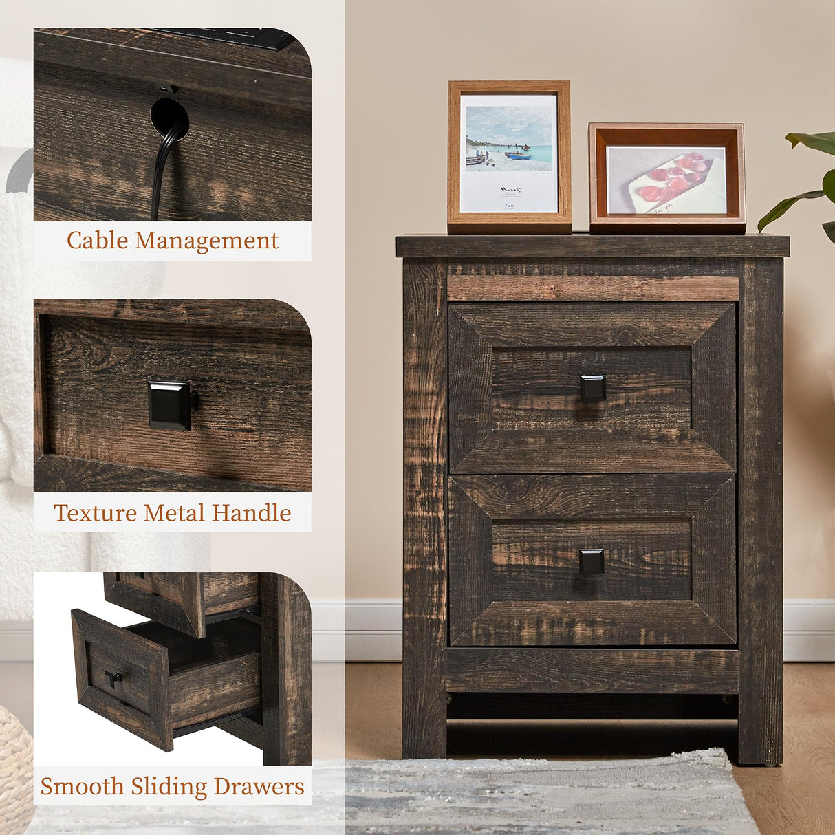 AMERLIFE Nightstand Set of 2 with Charging Station, Rustic Bedside Table with Drawers Storage, Farmhouse Wood Night Stand for Bedroom, Living Room, Dark Oak AMERLIFE