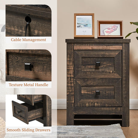 AMERLIFE Nightstand Set of 2 with Charging Station, Rustic Bedside Table with Drawers Storage, Farmhouse Wood Night Stand for Bedroom, Living Room, Dark Oak AMERLIFE