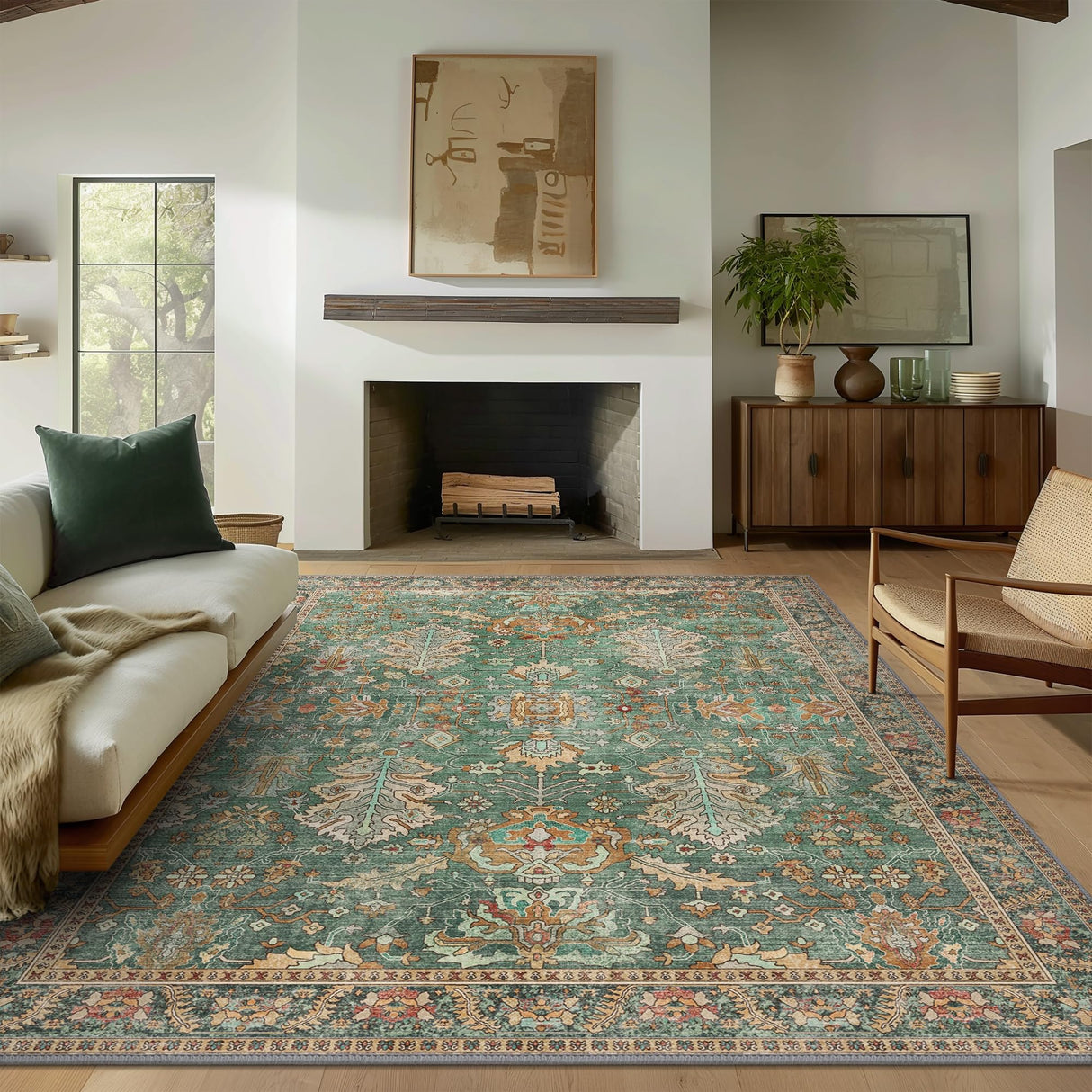 Bavni Washable Area Rugs 8x10 Green Boho Rug Tumble Vintage Large Carpet for Living Room Bedroom Dining Room, Non Slip Thin Low Pile Chenille, Dark Sage/Gold Bavni
