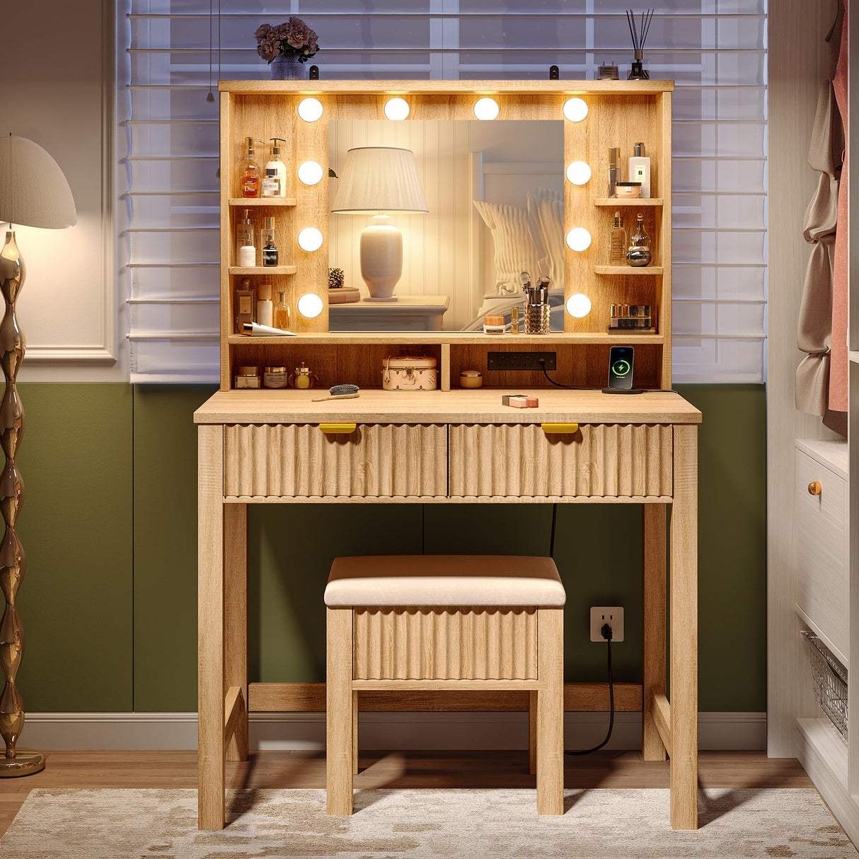Homkdom Vanity Desk with HD Mirror and 3-Color Adjustable Lights, Fluted Makeup Vanity with Storage Stool, 2 Large Drawers & Charging Station, Small Vanity for Women's Bedroom, Dressing Room, Oak Homkdom