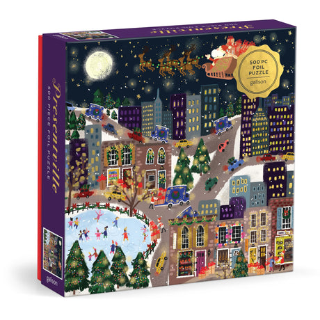Galison Presentville 500 Piece Holiday Foil Puzzle Featuring Beautiful Artwork of A Cozy and Festive City Scene by Joy Laforme Galison