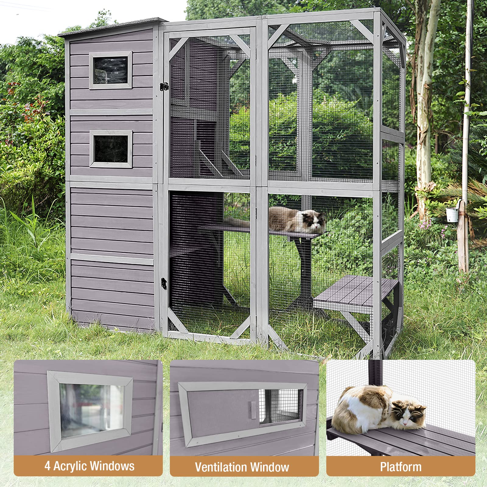 Large Cat Catio Kitty House wih 4 Tiers Cat House for Outdoor Cats Waterproof roof Cat Enclosures,77 Inch - WoodArtSupply