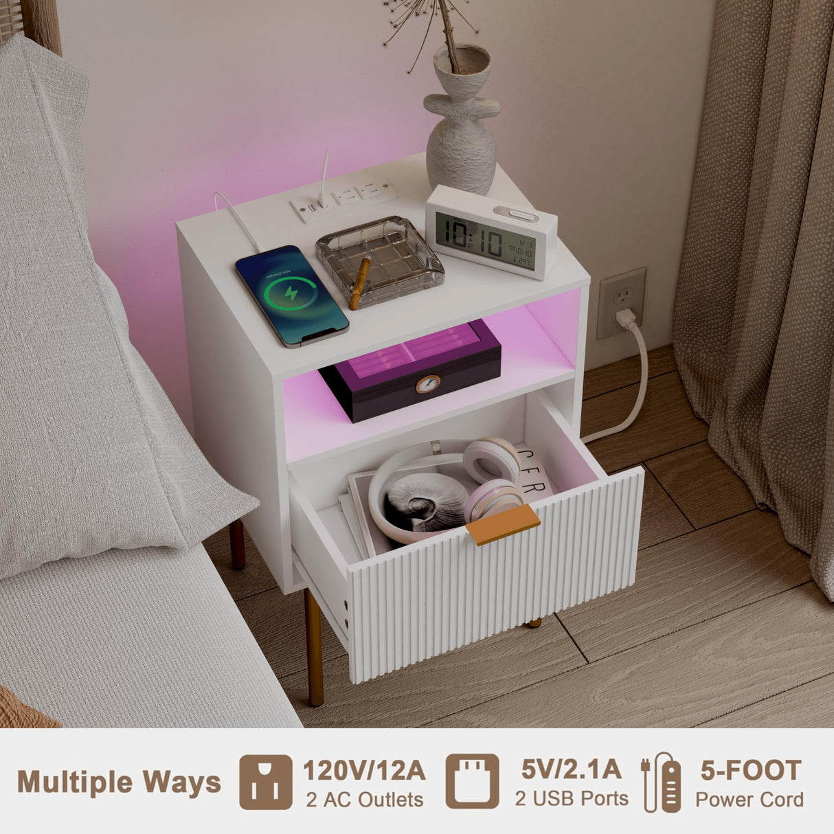 Modern Nightstand with Charging Station and LED Lights, White Bedside Table with Drawer, Fluted Side Table for Living Room, Bedroom JOONEE