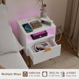 Modern Nightstand with Charging Station and LED Lights, White Bedside Table with Drawer, Fluted Side Table for Living Room, Bedroom JOONEE