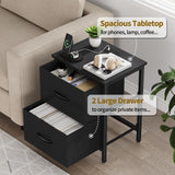Vagusicc Nightstand Set of 2 with Charging Station, End Table Bedside Table with Power Outlet & USB Ports, Side Table with 2 Fabric Drawers for Bedroom, Living Room, Black Vagusicc