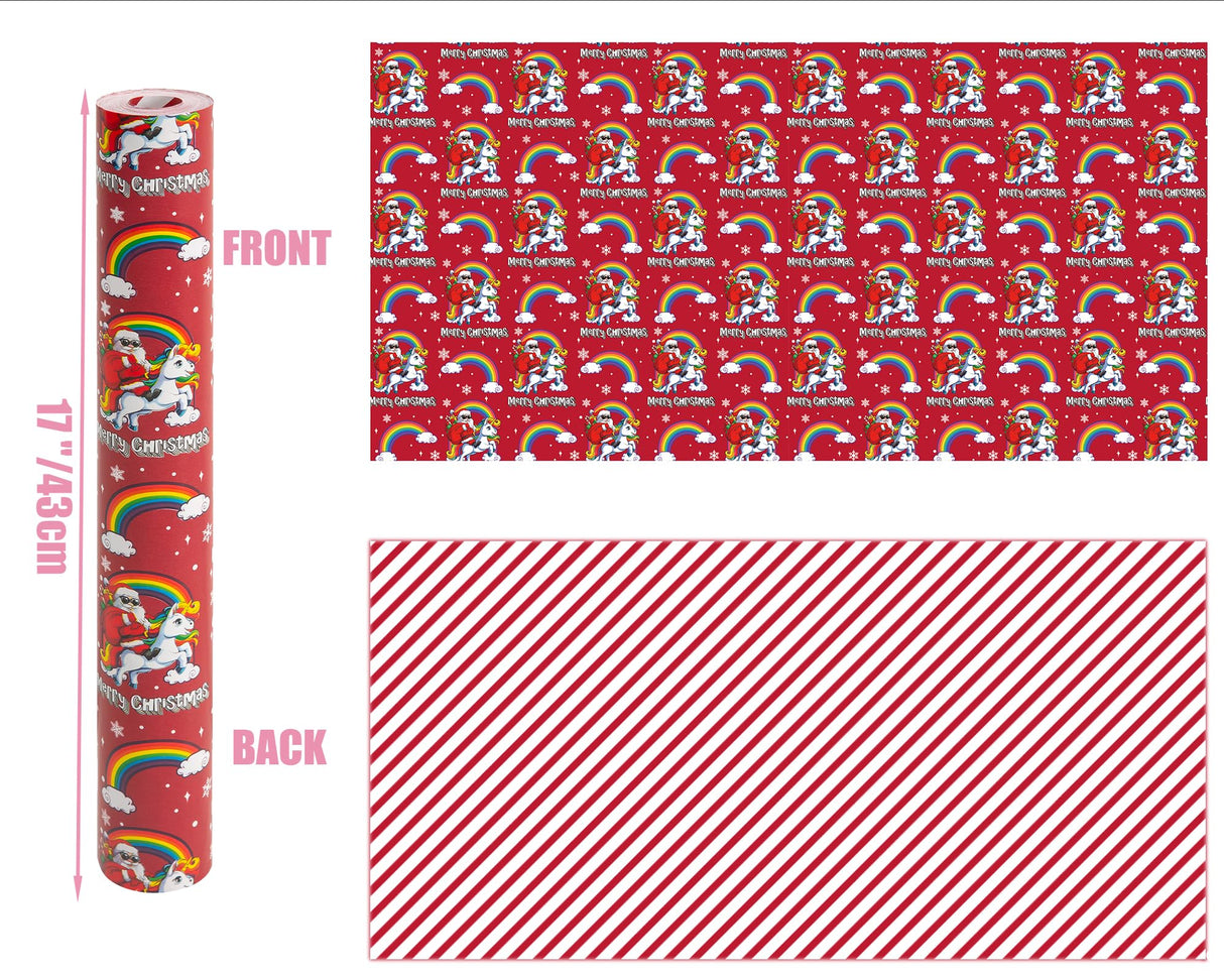 Vnaaem Reversible Christmas Wrapping Paper - Mini Roll - 17 Inches X 33 Feet - for Boys Girls Kids - Red Christmas Santa Unicorn Pattern Great for Holiday Birthday, Party, Baby Shower Vnaaem