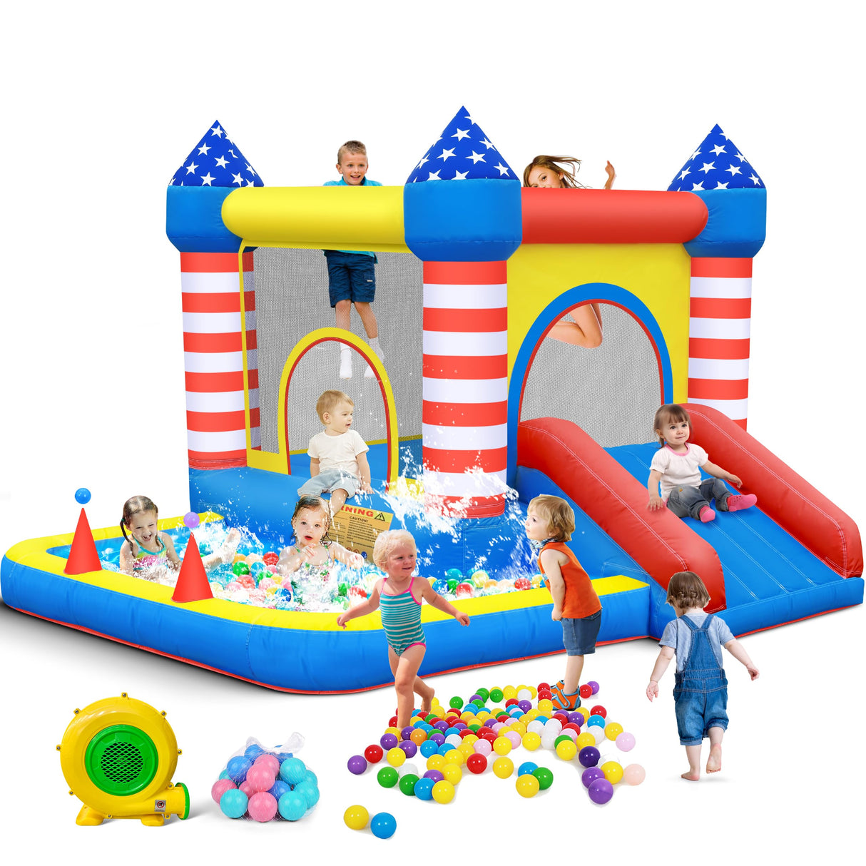 Culaluva Inflatable Bounce House: Bouncer Bouncy Castle 5 in 1 with Ball Pit & Slide for Kids Aged 3-8 - with 370W Blower & Storage Bag - Indoor Outdoor Play Stripes Style CulaLuva