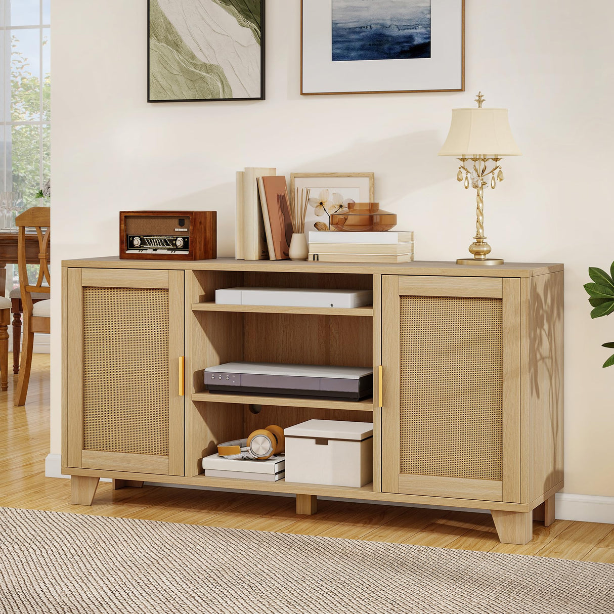 YITAHOME TV Stand for 65 Inch TVs, Boho Entertainment Center with Rattan Doors, Storage Cabinets and Adjustable Shelves, Long Boho Media Console for Living Room YITAHOME