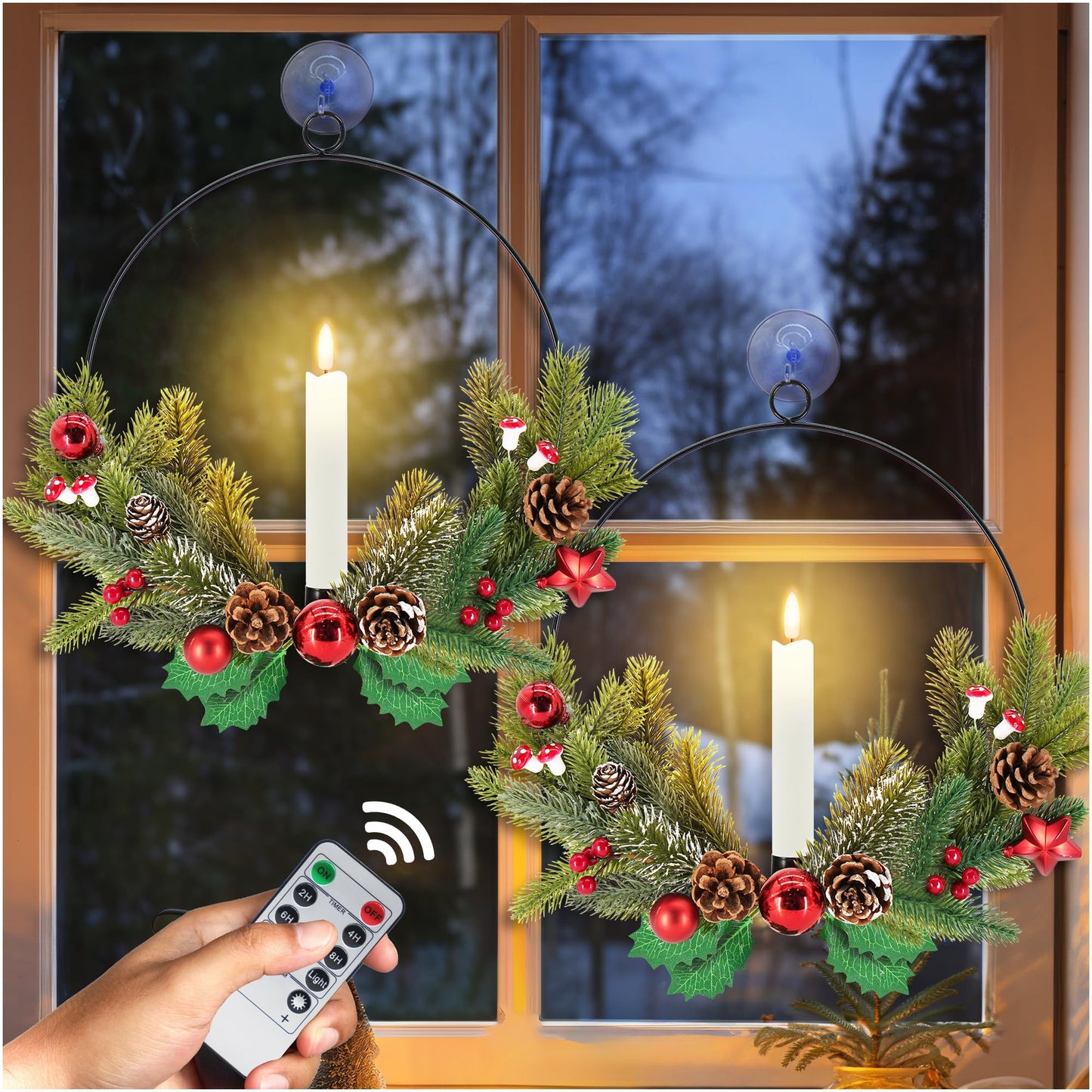 2Pack Christmas Wreaths for Front Door with LED Taper Candles, 16-inch Window Wreath Christmas with Light & Remote, Battery Operated Outdoor Winter Ornaments Christmas Decorations丨Basic丨