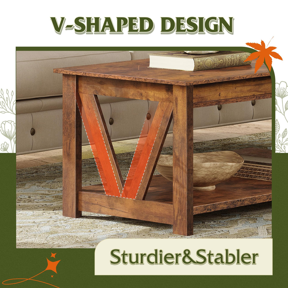 WLIVE Farmhouse Coffee Table,Living Room Table with Storage,43 in Wood Center Table with V-Shaped Frame for Home Office,Apartment,Rustic Brown WLIVE