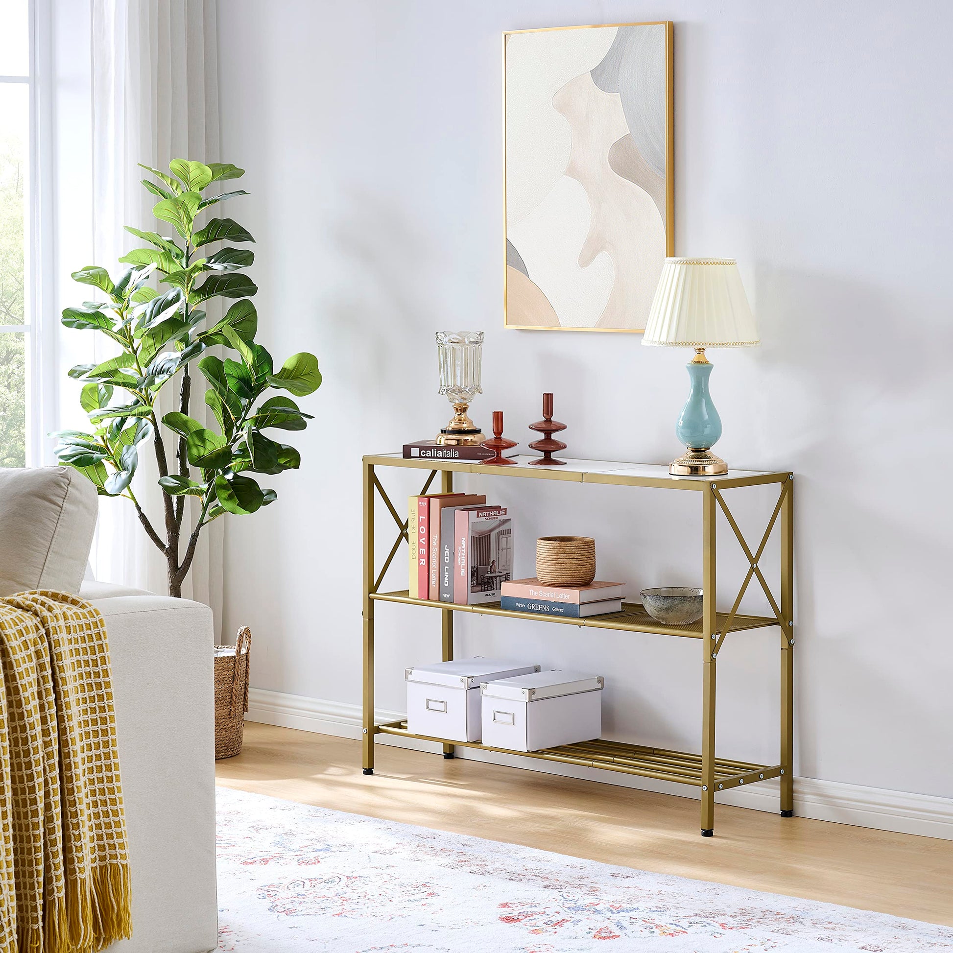 Hoctieon Gold Console Table, 3 Tier Entryway Table, Hallway Table, Narrow Sofa Table with Shelves, Entrance Table for Entryway, Gold and White - WoodArtSupply