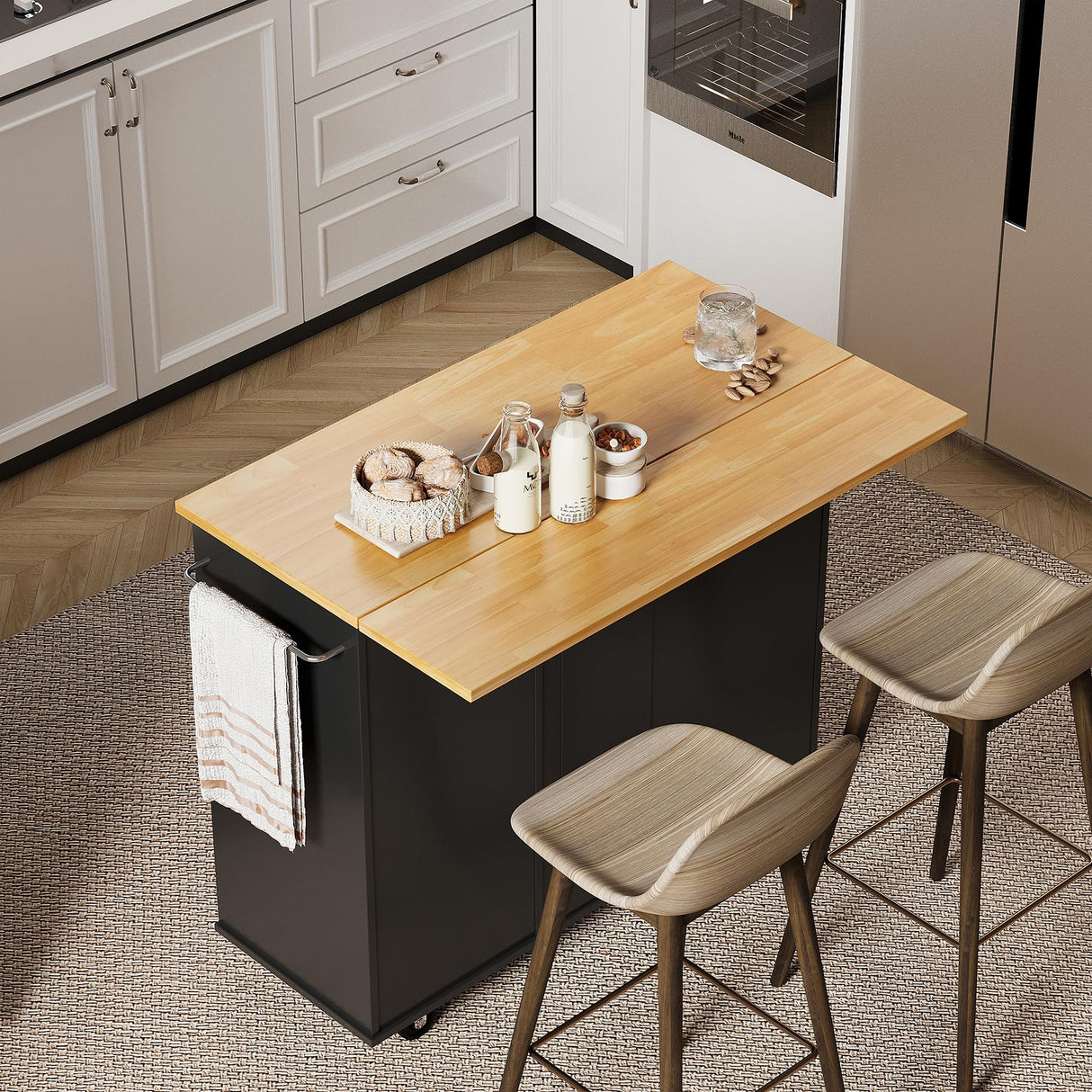 Shintenchi Rolling Kitchen Island Cart with Folding Drop Leaf Breakfast Bar, Portable Trolley Island with Large Storage Cabinet, Shelf and Drawer, Black Shintenchi