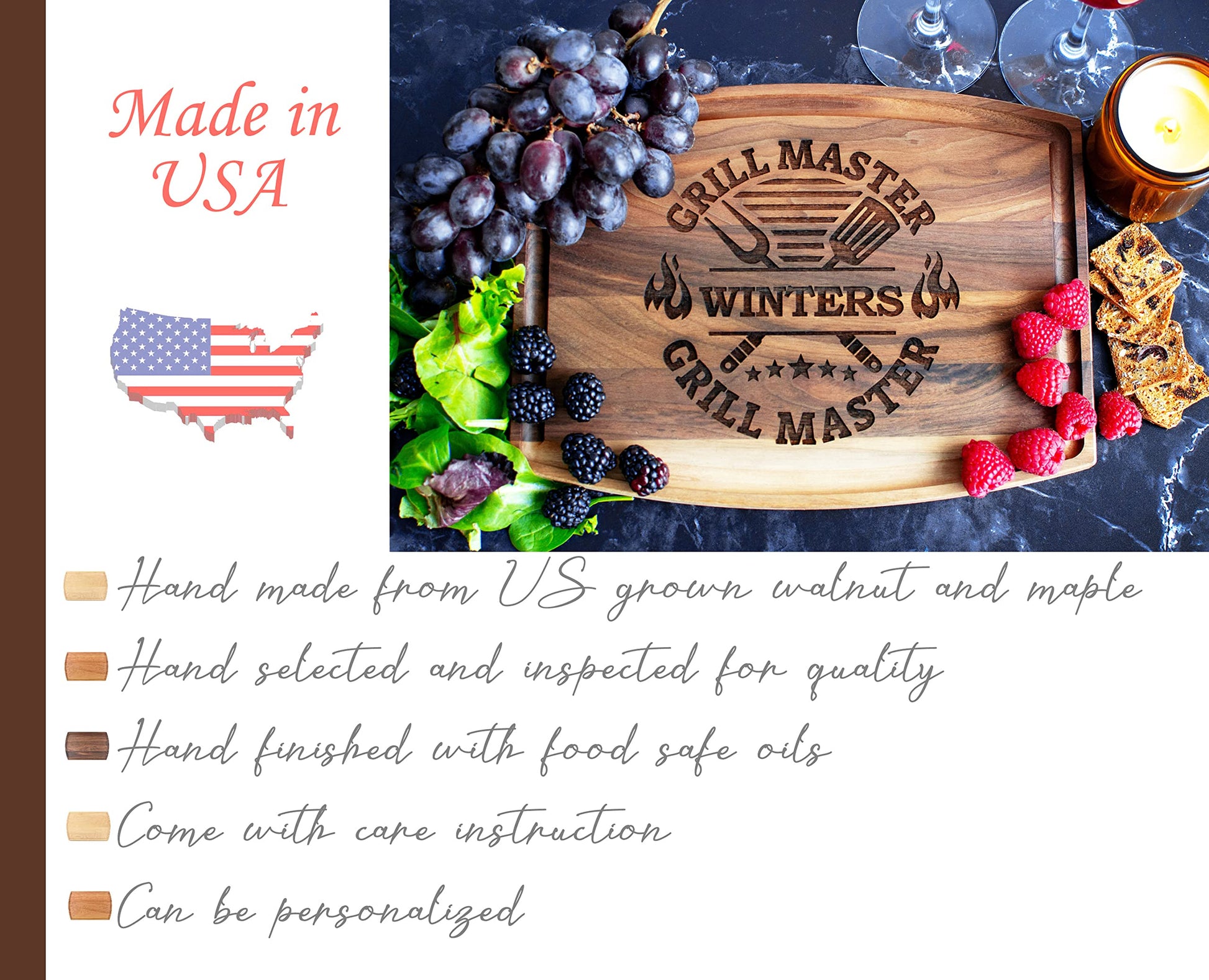 Personalized Grill Wood Cutting Board Handmade in USA – Best Serves as Chopping board, Charcuterie board, Cheese board – Unique Wooden Grilling Gift - WoodArtSupply