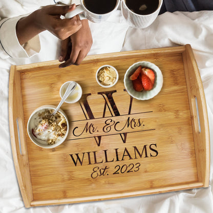 Engraved Wooden Serving Platter Tray with Handles - Personalized and Custom Monogrammed - WoodArtSupply