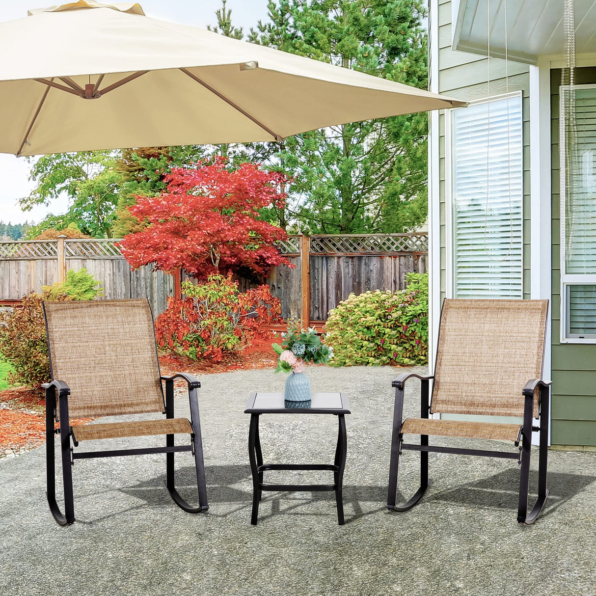 Vongrasig 3 Piece Outdoor Rocking Bistro Set, Textilene Fabric Small Patio Furniture Set, Front Porch Rocker Chairs Conversation Set with Glass Table for Lawn, Garden, Balcony, Poolside (Brown) Vongrasig