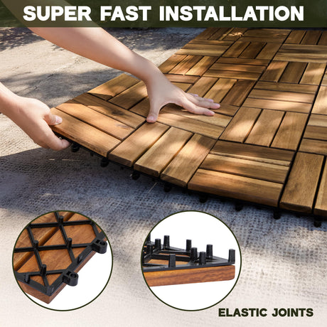 VICTORY RELAX Acacia Wood Decking Tiles 9PCS - Easy Snap Interlocking Deck Tiles for Patio Poolside Balcony Decor - All Weather Waterproof Flooring for Indoor & Outdoor (Round Joints) VICTORY RELAX