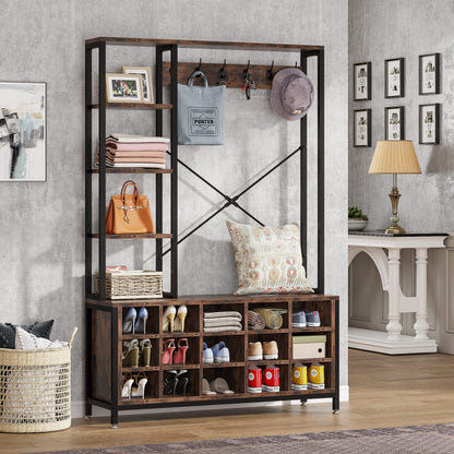 Tribesigns Entryway Bench with Coat Rack Hall Tree with Bench and Shoe Storage Shelves, Industrial Mudroom Bench with Shoe Storage and Coat Rack Hooks, Furniture for Hallway, Bedroom - WoodArtSupply