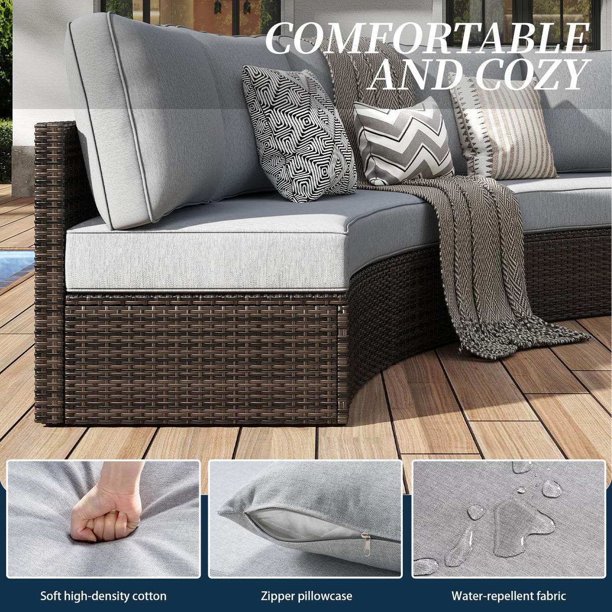 ZIENLIFE 11 Piece Outdoor Patio Furniture Set, Half Moon Patio Sectional Set with Soft Cushions and Ottoman, All Weather Rattan Wicker Curved Outdoor Sofa for Backyard Patio Garden ZIENLIFE