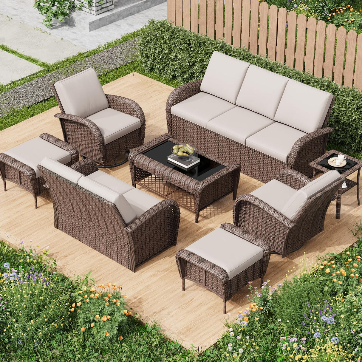 EROMMY Outdoor Swivel Chairs Set,8 Pieces Rattan Wicker Furniture Set,Patio Conversation Sets with Lovesat,3-Seat Sofa,2 Ottomans,Coffee Table and Side Table,for Porch Pool Yard Garden,Beige-8 Pcs EROMMY