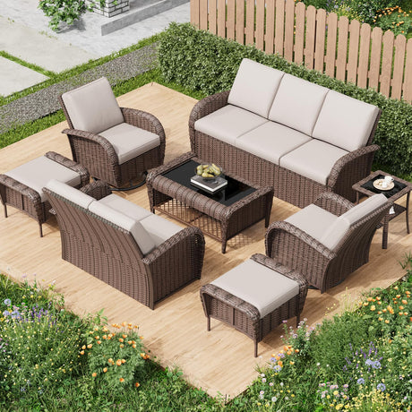 EROMMY Outdoor Swivel Chairs Set,8 Pieces Rattan Wicker Furniture Set,Patio Conversation Sets with Lovesat,3-Seat Sofa,2 Ottomans,Coffee Table and Side Table,for Porch Pool Yard Garden,Beige-8 Pcs EROMMY