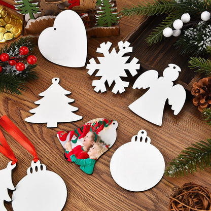 30 Pieces Sublimation Ornament Blank Sublimation Double Sided Blanks Christmas Ornament Blank Personalized Sublimation Blank Pendants DIY Sublimation Pendant Blank with Red Ribbon (Multi Styles)