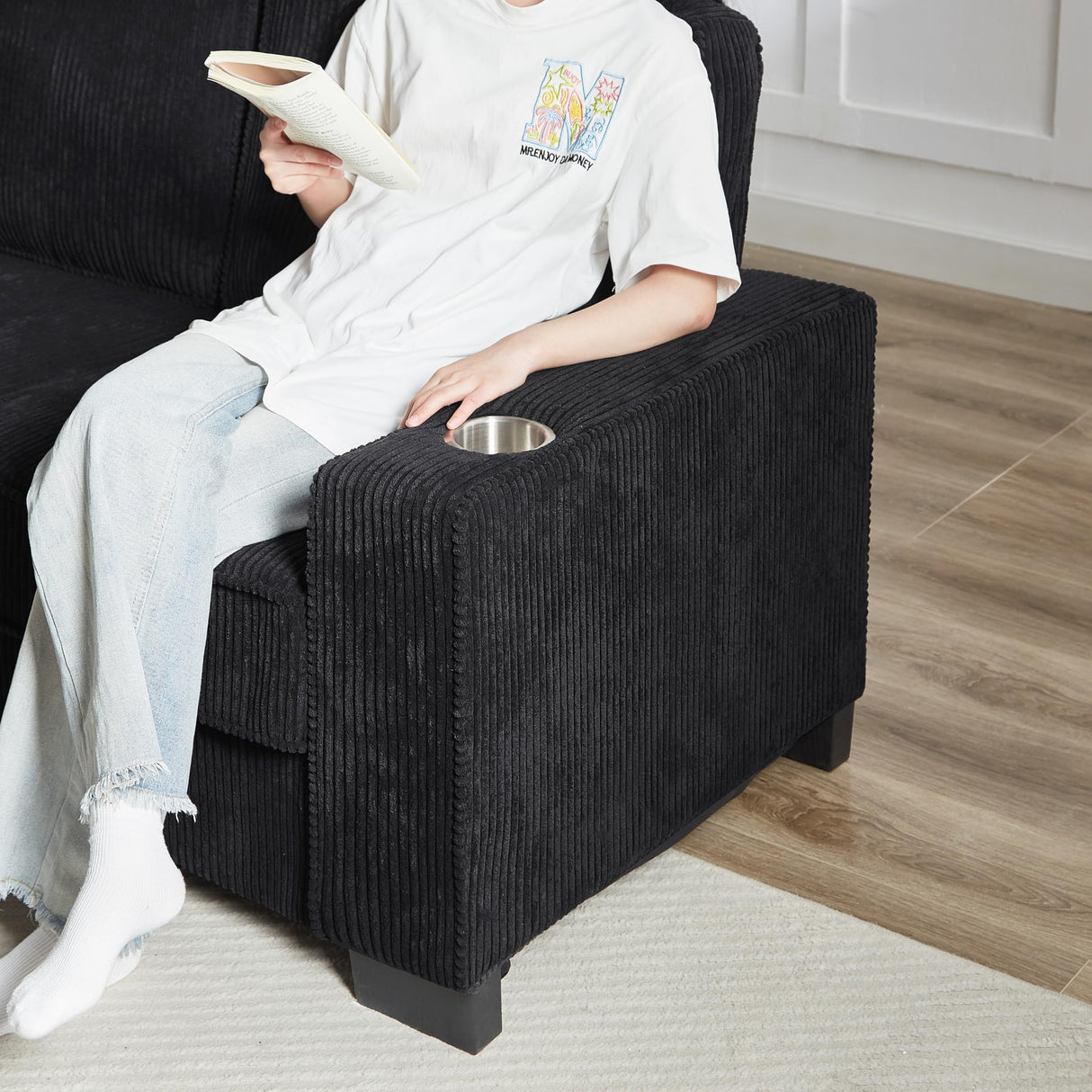 83.86" Couch Sofa with Extra Deep Seat, Modern Corduroy Fabric Sofa Cloud Couch with 2 Cup Holders, Comfy Upholstered 3 Seater Sofa Bed Couches for Living Room, Apartment, Office, Black SLEERWAY