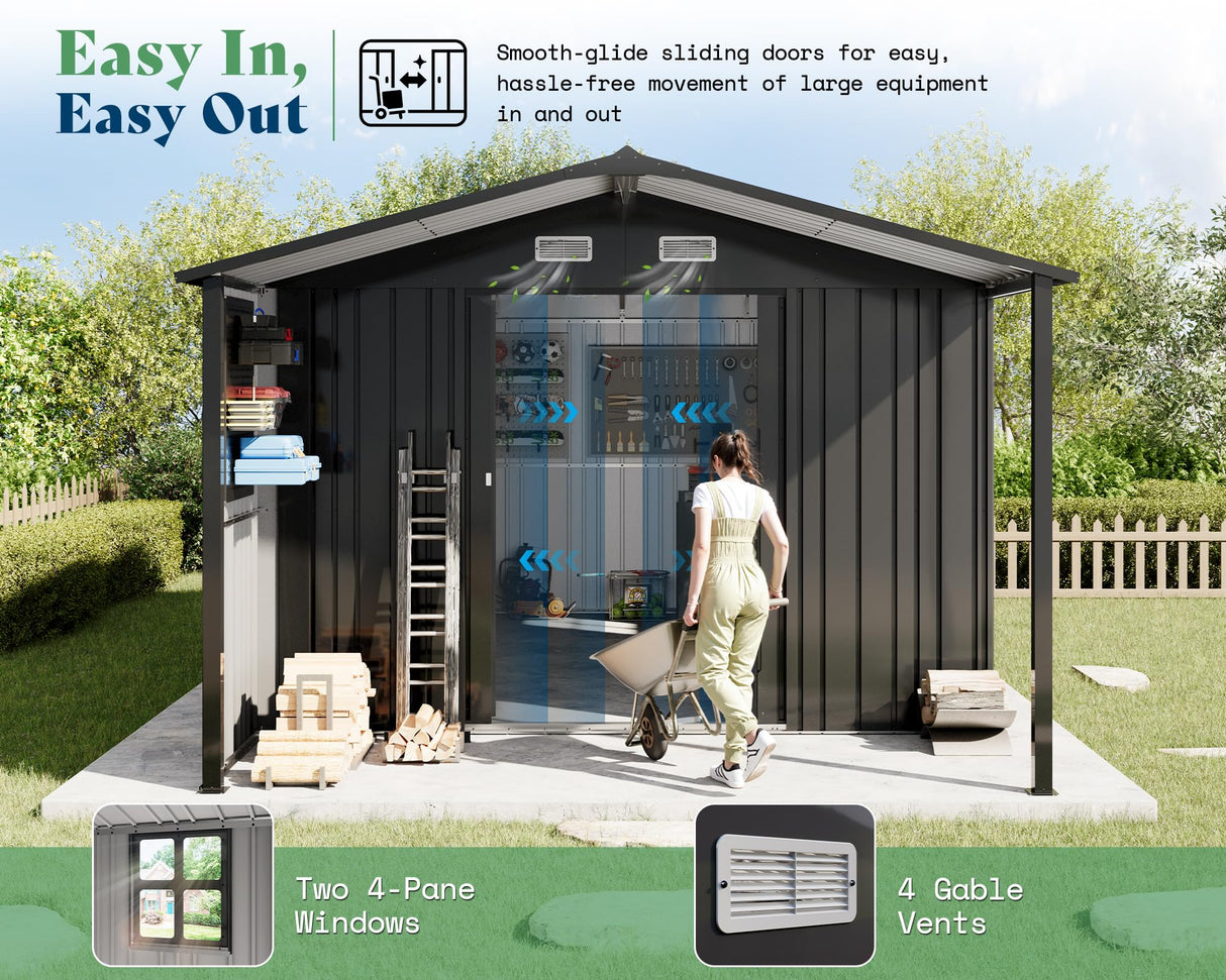 AMERLIFE 10x16.6x7.3 FT Metal Storage Shed with Lounge Area, Sliding Doors, 2 4-Pane Windows & Vents, Outdoor Tool Shed for Garden & Backyard, Heavy-Duty Weather-Resistant Steel, Dark Gray AMERLIFE