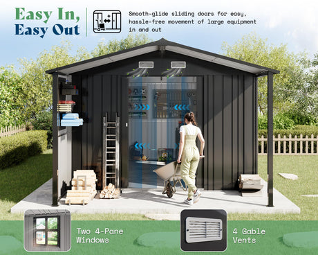 AMERLIFE 10x16.6x7.3 FT Metal Storage Shed with Lounge Area, Sliding Doors, 2 4-Pane Windows & Vents, Outdoor Tool Shed for Garden & Backyard, Heavy-Duty Weather-Resistant Steel, Dark Gray AMERLIFE