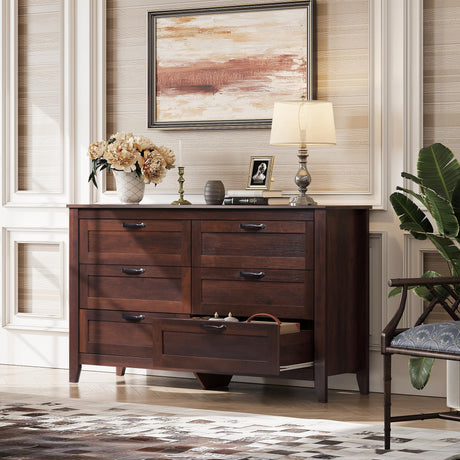 WLIVE 6 Drawer Dresser, Retro Chest of Drawers with Metal Handle, Double Wood Dresser for Bedroom, Living Room, Large Storage Cabinet, Brown WLIVE