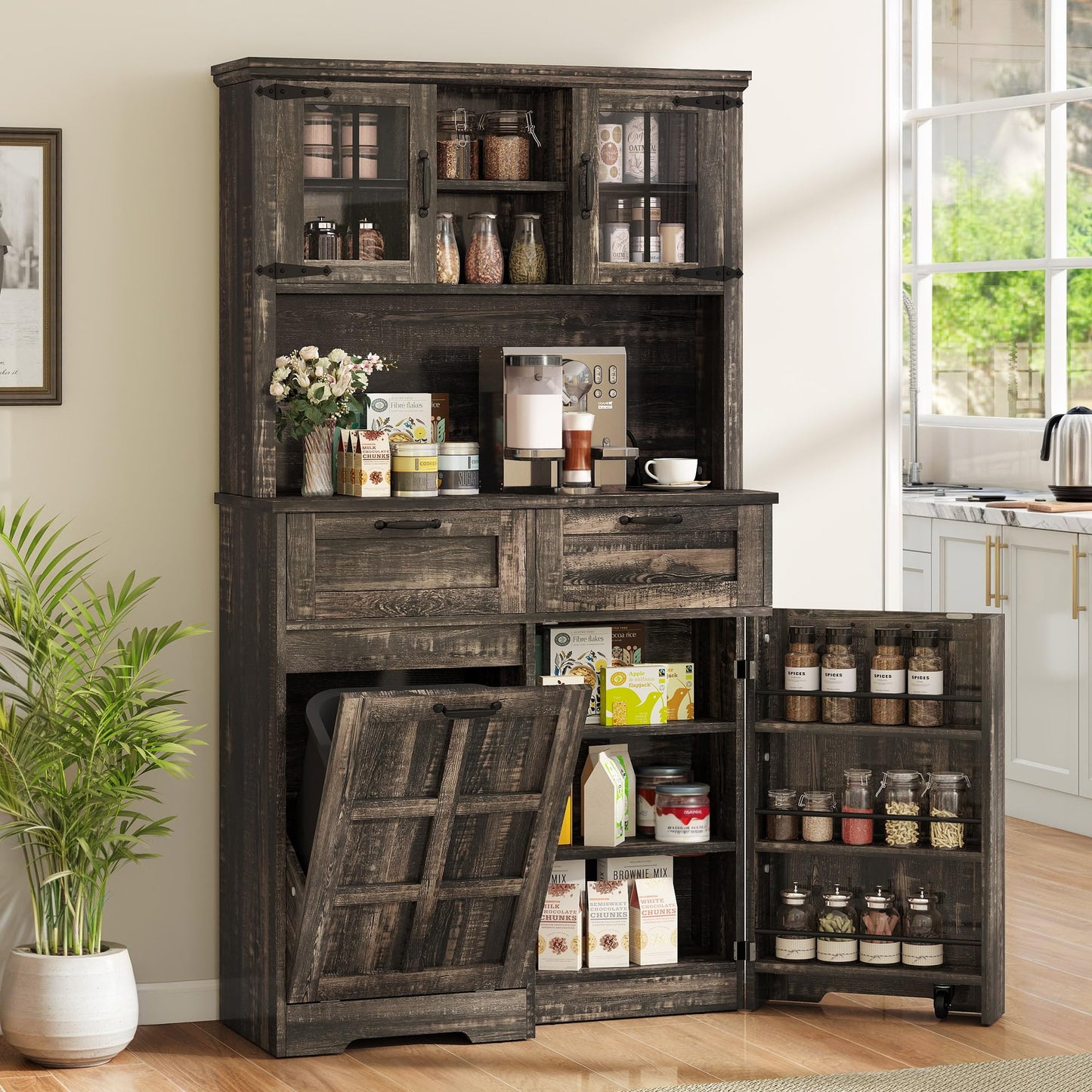 YITAHOME Kitchen Pantry Farmhouse, Tilit Out Trash Out Can Cabinet,Coffee Storage Bar Cabinet, 70" Tall Cabinet Cupboard with 2 Drawers, 2 Doors and Glass Display Case Shelf, Wheels, Rustic Dark Oak