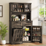 YITAHOME Kitchen Pantry Farmhouse, Tilit Out Trash Out Can Cabinet,Coffee Storage Bar Cabinet, 70" Tall Cabinet Cupboard with 2 Drawers, 2 Doors and Glass Display Case Shelf, Wheels, Rustic Dark Oak YITAHOME
