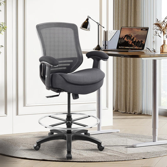 WITTLONG 400lbs Drafting Chair with Extra Seat Cushion Tall Office Chair with Soft Armrests Executive Computer Standing Desk Chair with Lumbar Support and Enlarged Adjustable Footring-Black - WoodArtSupply