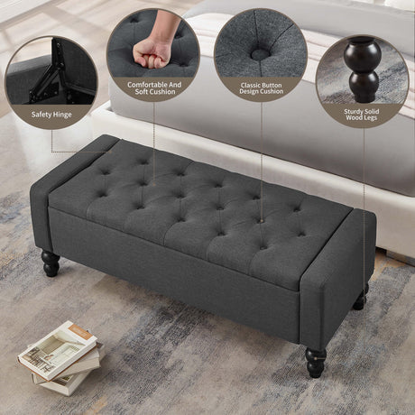 DRM‘SCUUM 50" W Storage Ottoman Bench with Safety Hinge, Load up to 660 lb Ottoman with Storage, Upholstered Tufted Entryway Bench with Seating for Living Room, Bedroom, Entryway, Dark Gray DRM‘SCUUM