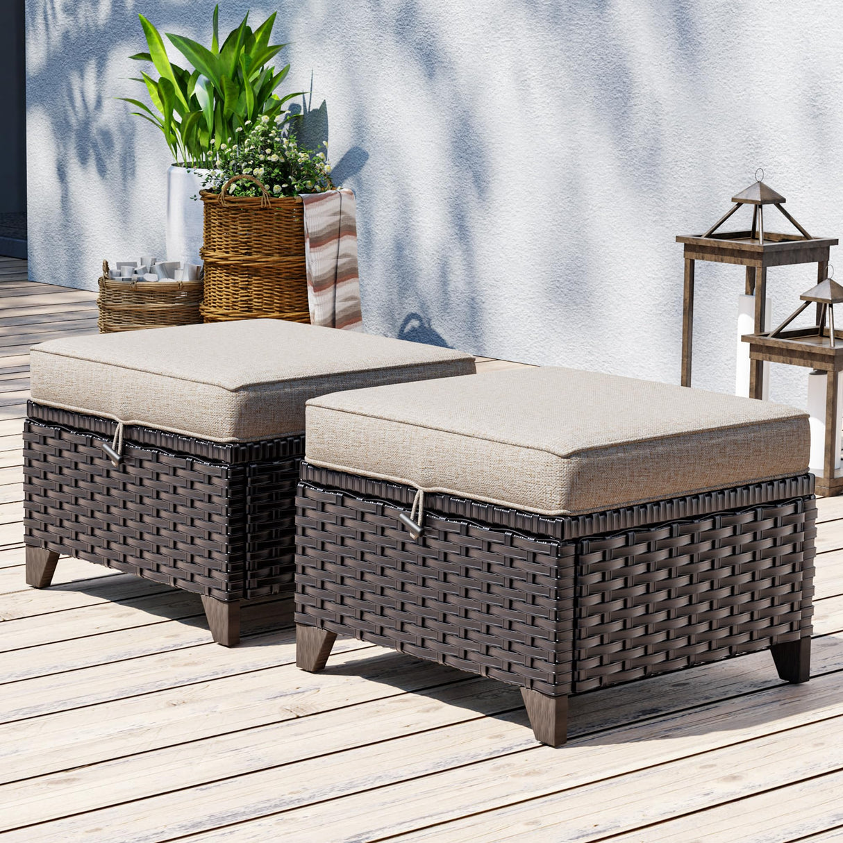 MaxMulti Patio Ottomans Set of 2, Outdoor Wicker Footrest with Thickened Cushions, Outdoor Rattan Ottoman for Porch, Backyard and Deck (Beige) MaxMulti