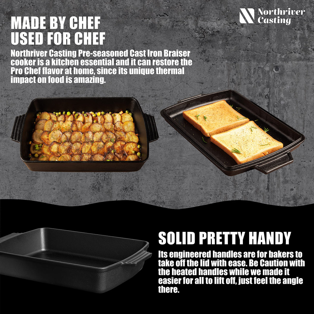 2-In-1 Pre Seasoned Cast Iron Dutch Oven With Skillet Lid,Casserole Dish,Rectangular Baking Pan,Griddle Pot Set, 6QT, 9"x13" Northriver Casting