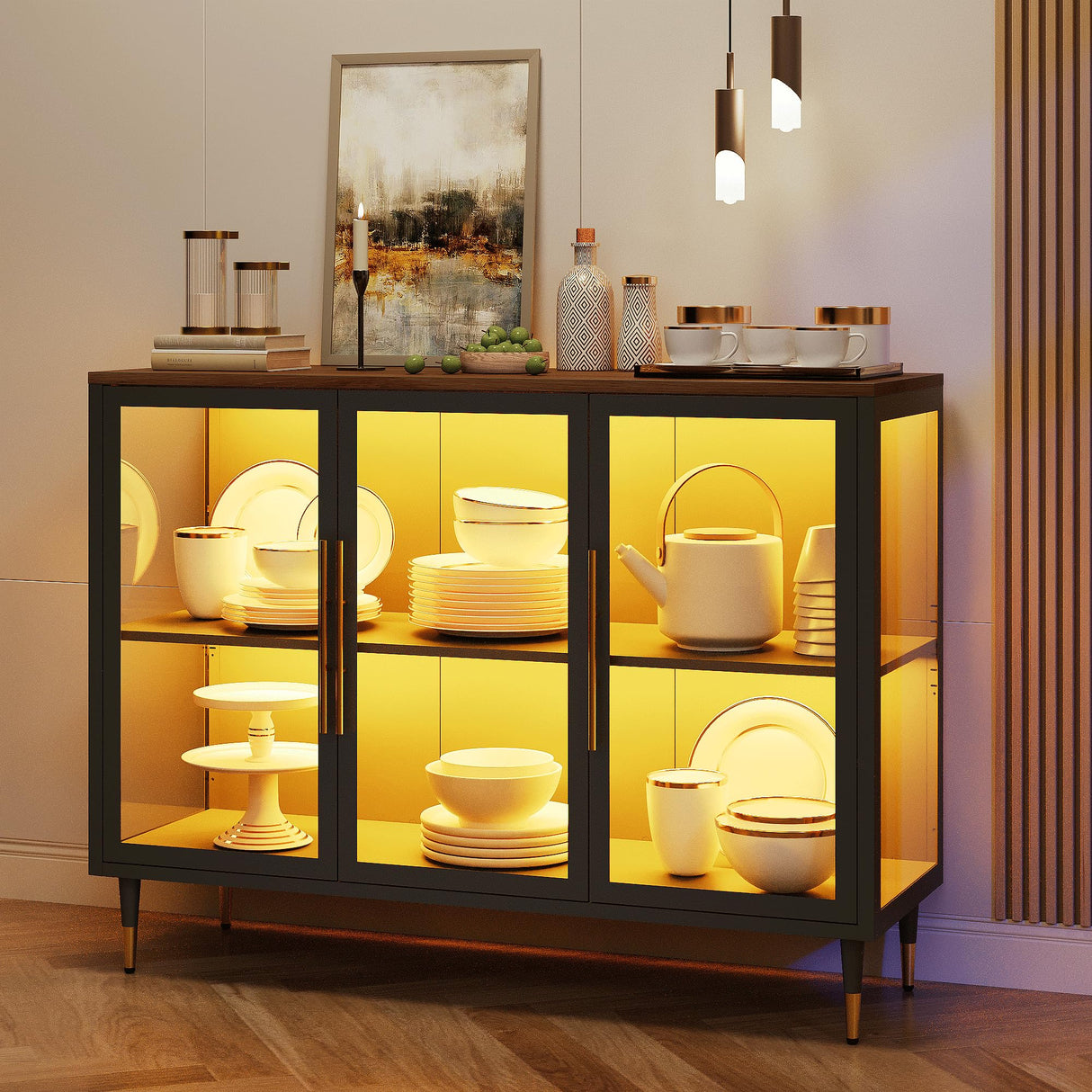 Foreate Glass Sideboard Buffet Cabinet with 13-Color Light, 47.2" Metal Wood Coffee Bar Cabinet with 3 Glass Doors & Adjustable Shelve, Modern Home Bar Credenzas for Home Kitchen Living Room, Black Foreate