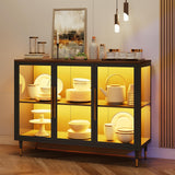 Foreate Glass Sideboard Buffet Cabinet with 13-Color Light, 47.2" Metal Wood Coffee Bar Cabinet with 3 Glass Doors & Adjustable Shelve, Modern Home Bar Credenzas for Home Kitchen Living Room, Black Foreate