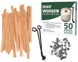 NOOR 50 Pieces Smokeless Wooden Wicks with Trimmer for Candle Making and 5.1 X 0.2 inch Booster - 5.1 X 0.5 inch Crackling Wood Wick for DIY Candles with 50pcs Metal Clips NOOR