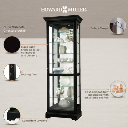 Howard Miller Chesterbrook III Curio Cabinet 680-660 – Black Satin Finish Home Decor, Seven Glass Shelves, Eight Level Display Case, Locking Door, No Reach Light