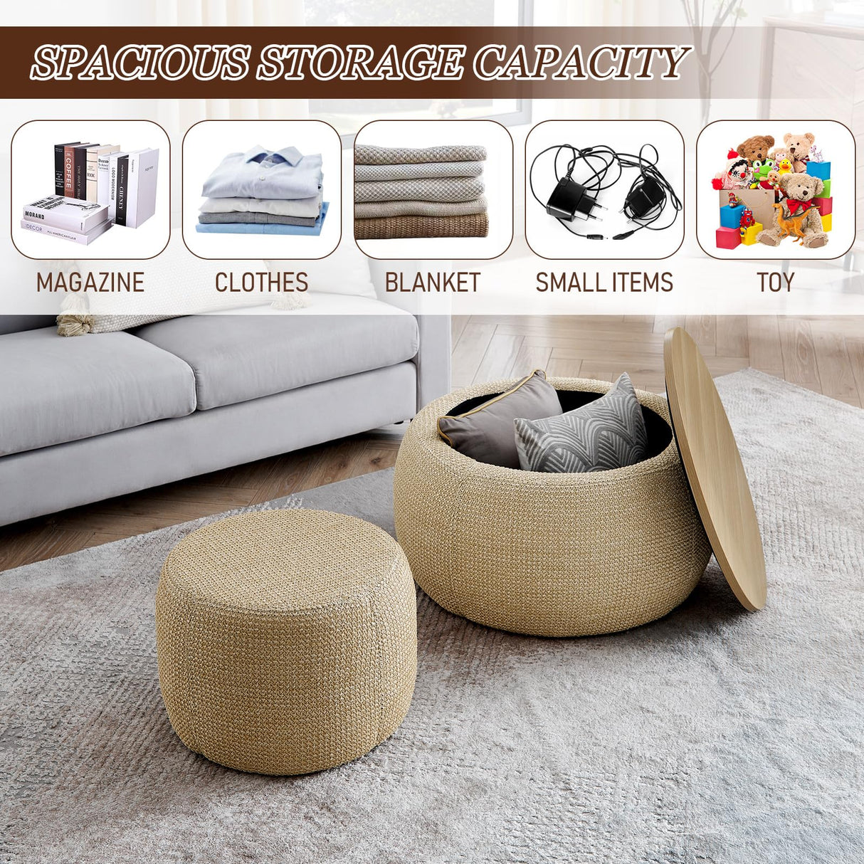 Round Ottoman with Storage Set of 2, 25" Large Upholstered Storage Ottoman Set Coffee Table with Removable Wood Tray, Modern Circle Foot Stool Padded Bench Ottomans for Living Room (Natural) TTK