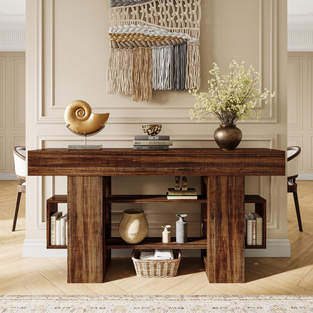 Einhomn 63 Inch Long Console Table for Entryway, Farmhouse Wooden Sofa Table Behind Couch with 3-Tier Storage Shelf, Narrow Entry Accent Table for Living Room, Hallway, Foyer, Rustic Brown Einhomn